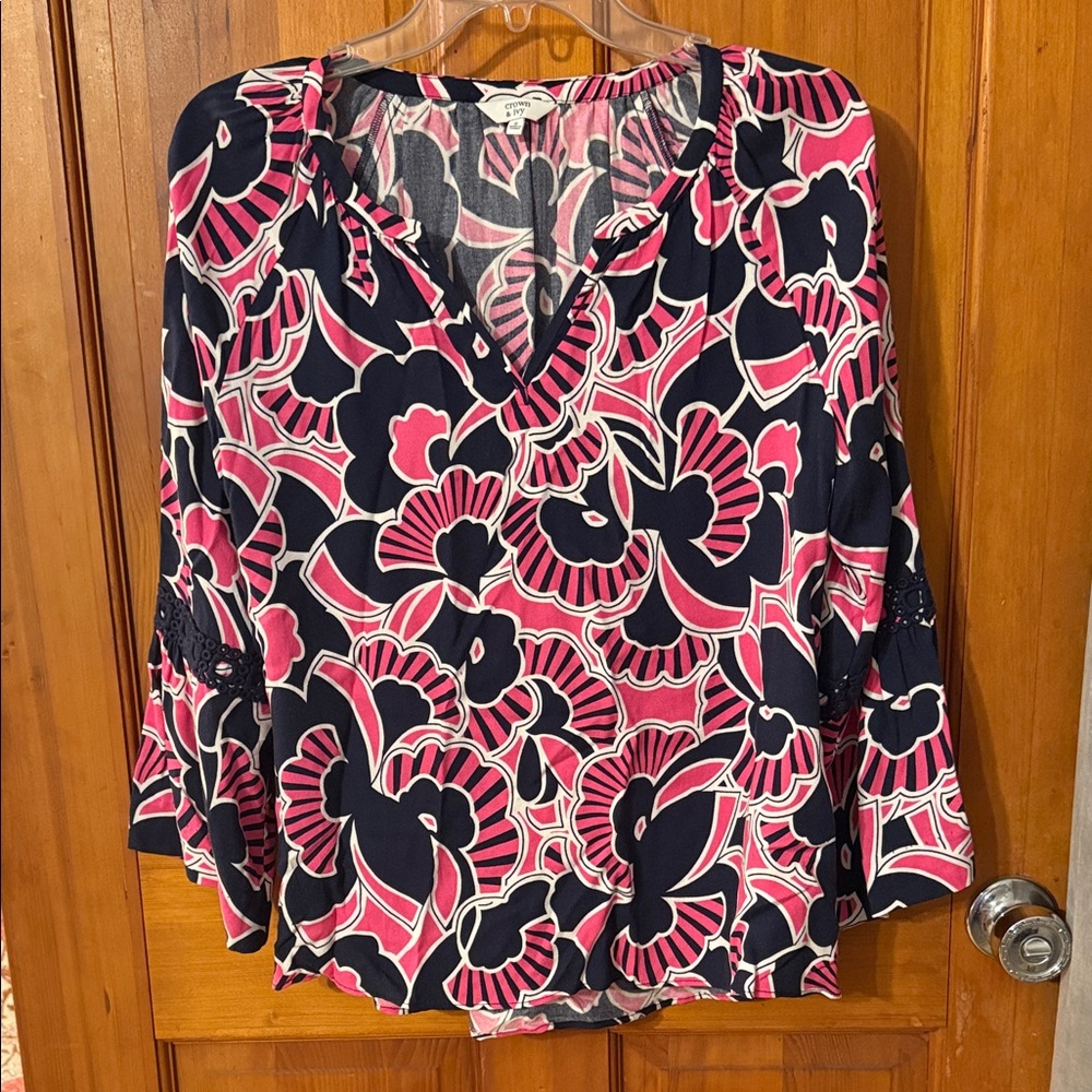 Crown & Ivy Floral V-Neck Blouse - Pink and Black